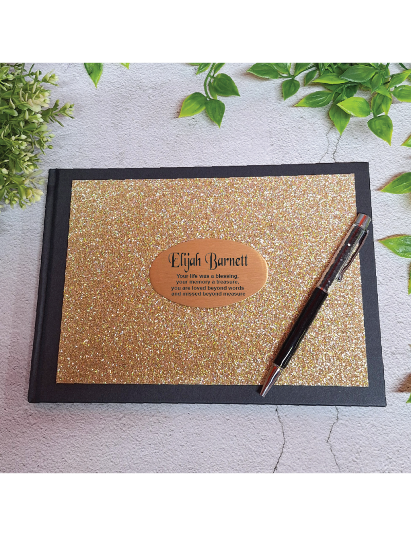 Funeral Memorial Guest Book Album Gold Glitter & Pen