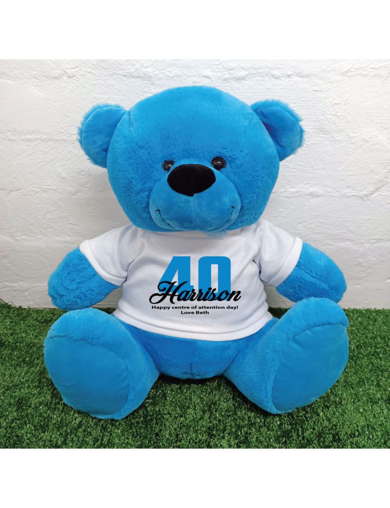 40th Birthday Personalised Bear with T-Shirt - Blue 40cm
