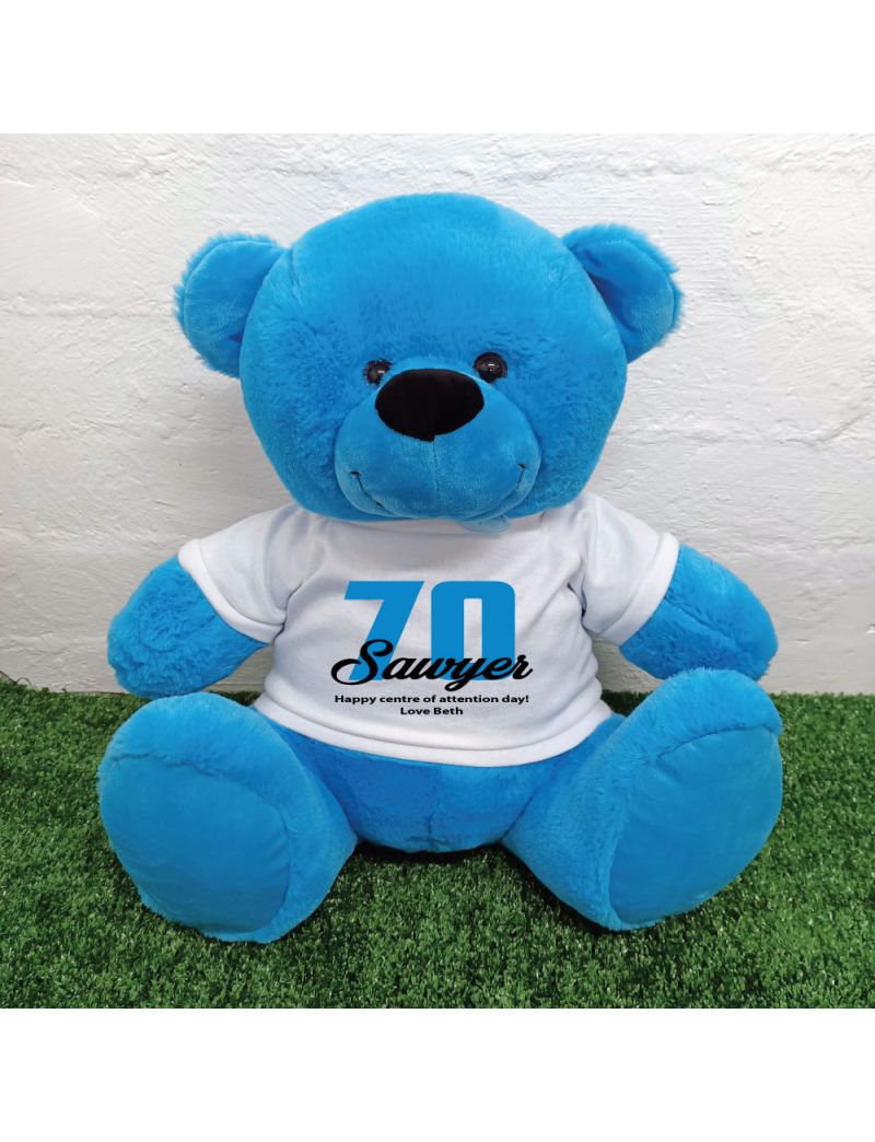 70th Birthday Personalised Bear with T-Shirt - Blue 40cm