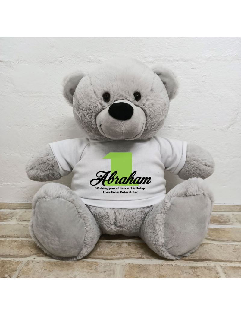 1st Birthday Personalised Bear with T-Shirt - Grey 40cm