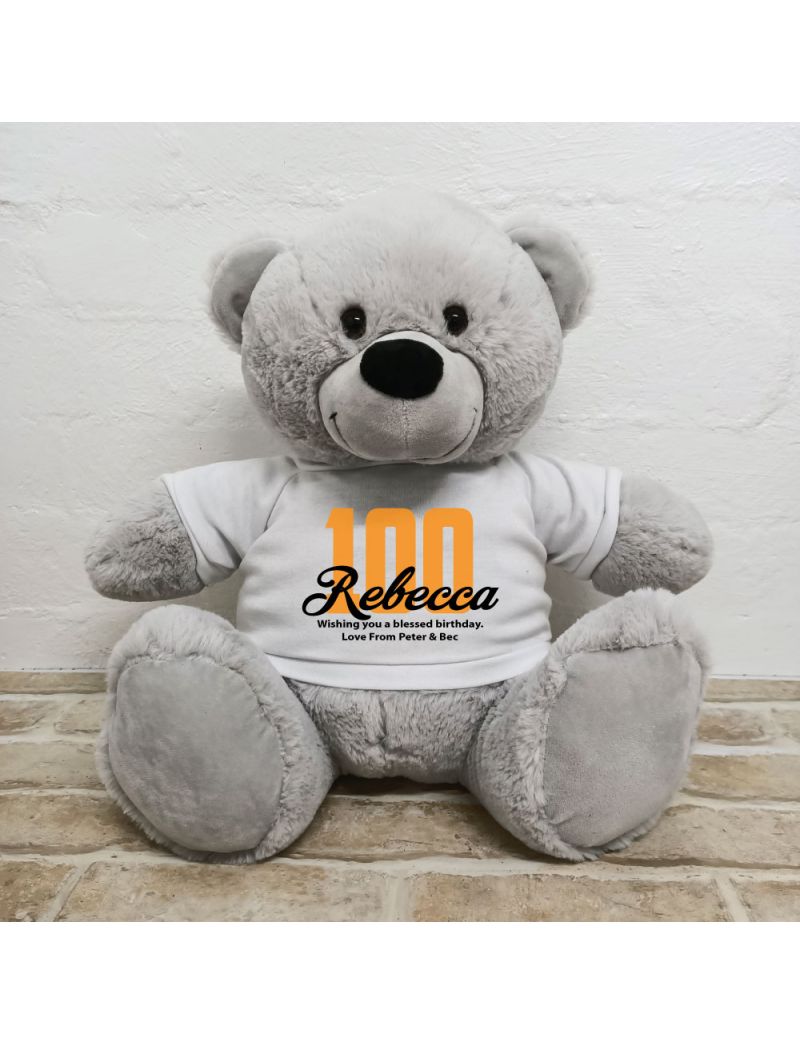 100th Birthday Personalised Bear with T-Shirt - Grey 40cm