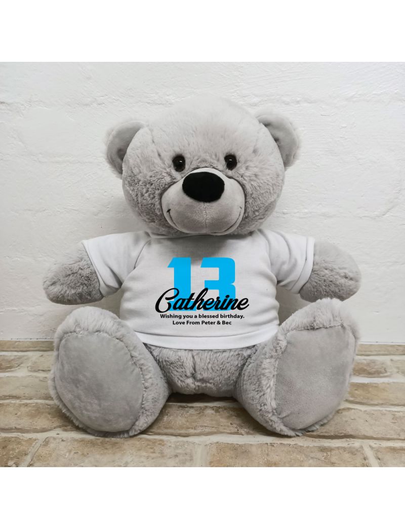 13th Birthday Personalised Bear with T-Shirt - Grey 40cm