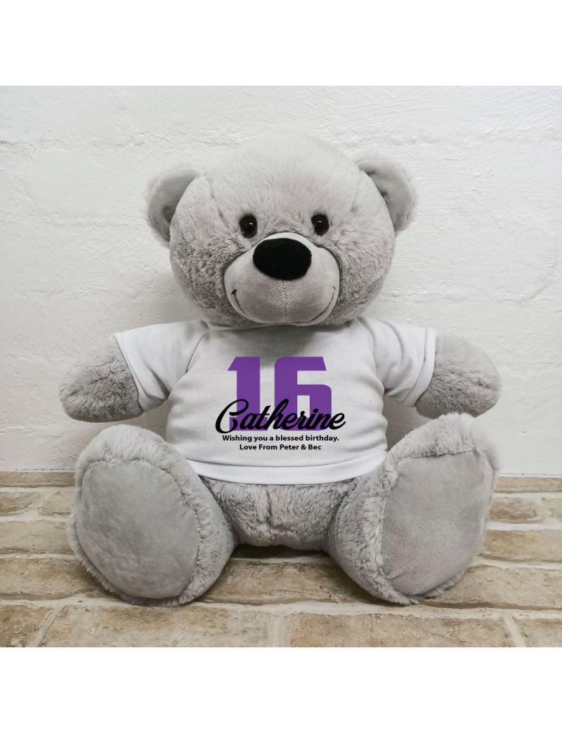 16th Birthday Personalised Bear with T-Shirt - Grey 40cm