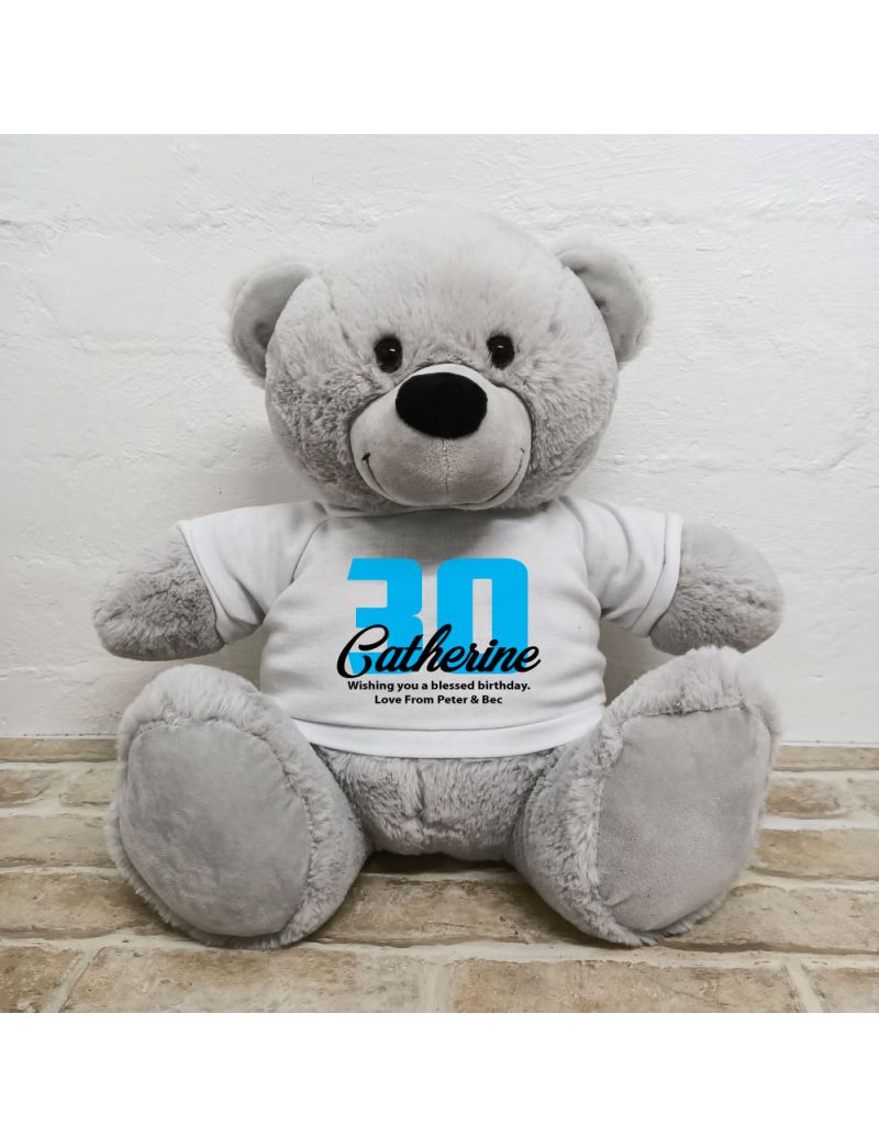 30th Birthday Personalised Bear with T-Shirt - Grey 40cm