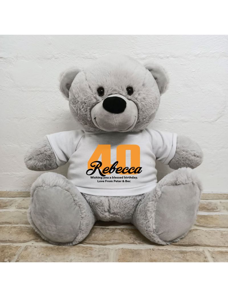 40th Birthday Personalised Bear with T-Shirt - Grey 40cm