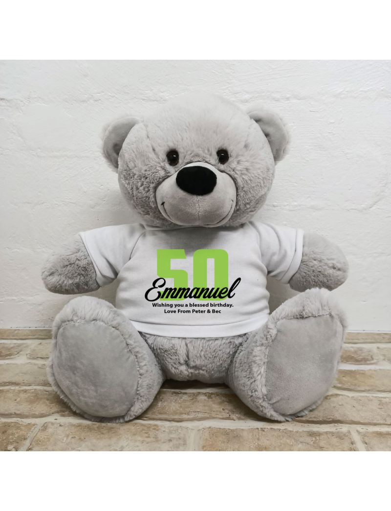 50th Birthday Personalised Bear with T-Shirt - Grey 40cm