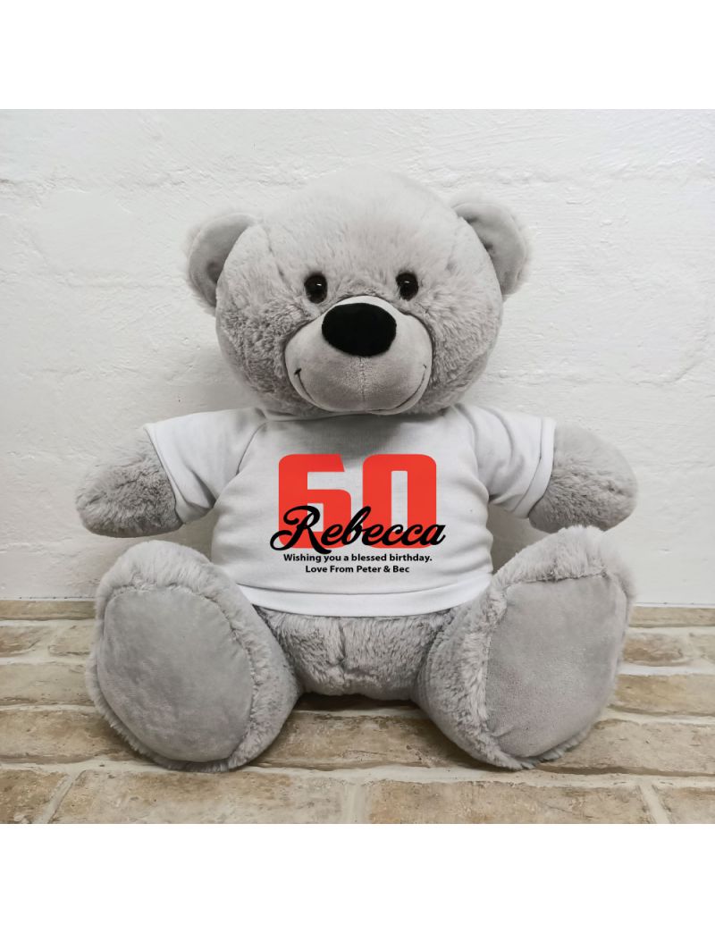 60th Birthday Personalised Bear with T-Shirt - Grey 40cm