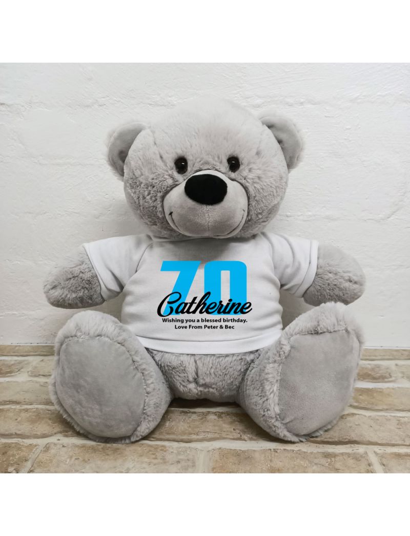 70th Birthday Personalised Bear with T-Shirt - Grey 40cm