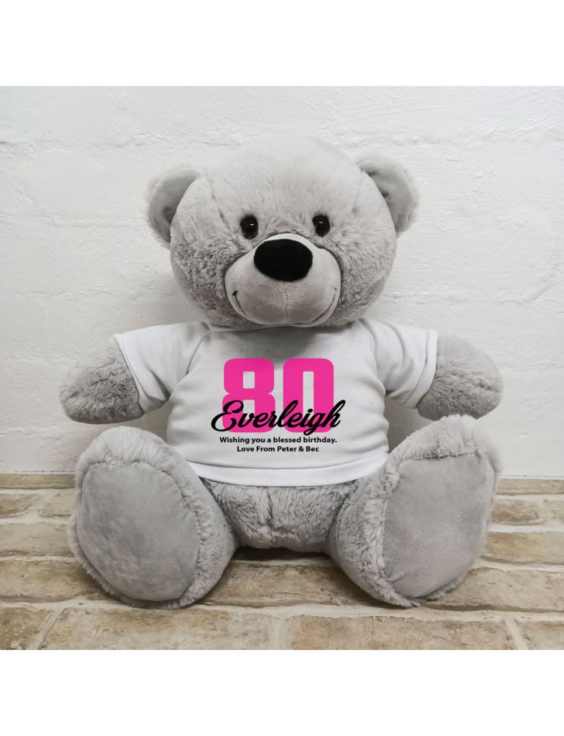 80th Birthday Personalised Bear with T-Shirt - Grey 40cm