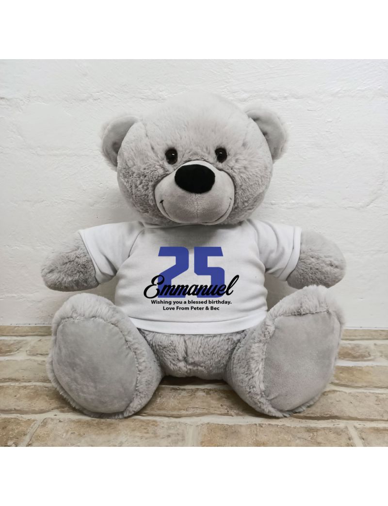 Birthday Personalised Bear with T-Shirt - Grey 40cm