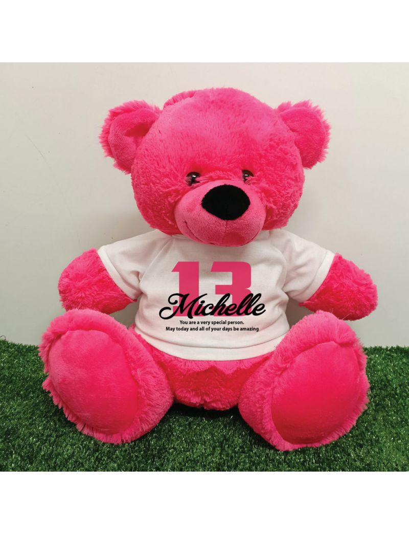 13th Birthday Personalised Bear with T-Shirt - Hot Pink 40cm