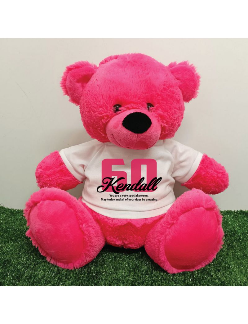 60th Birthday Personalised Bear with T-Shirt - Hot Pink 40cm