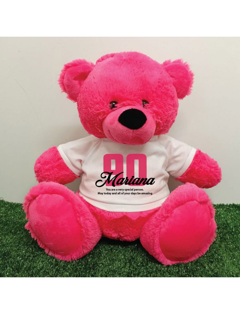 90th Birthday Personalised Bear with T-Shirt - Hot Pink 40cm
