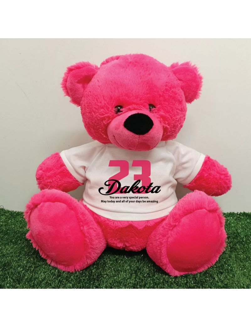 Birthday Personalised Bear with T-Shirt - Hot Pink 40cm