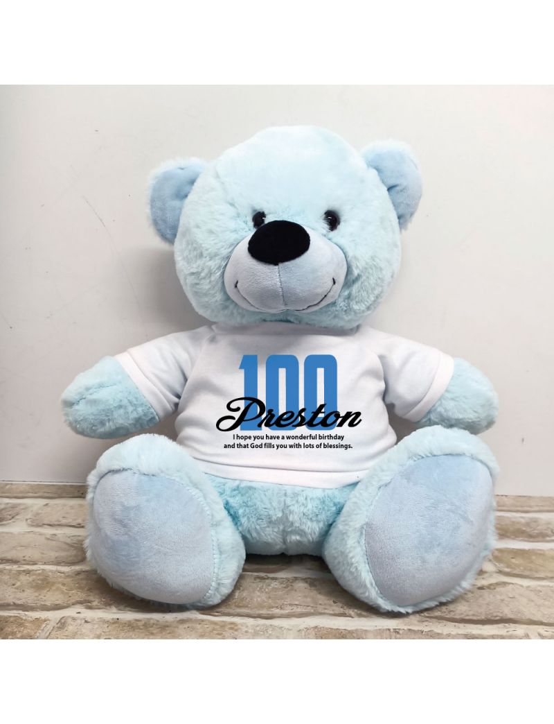 100th Birthday Personalised Bear with T-Shirt - Light Blue 40cm