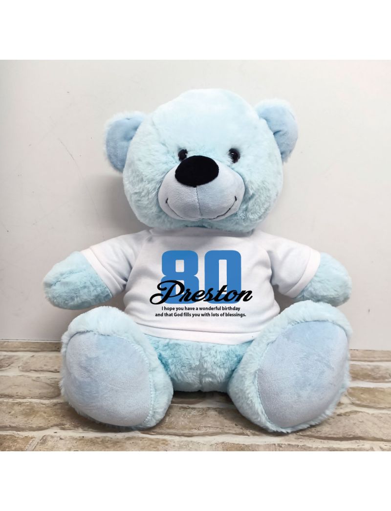 80th Birthday Personalised Bear with T-Shirt - Light Blue 40cm