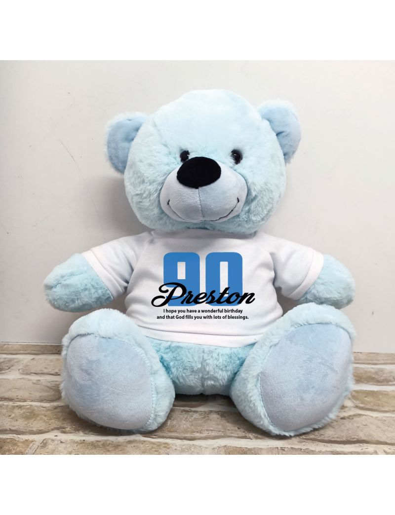 90th Birthday Personalised Bear with T-Shirt - Light Blue 40cm