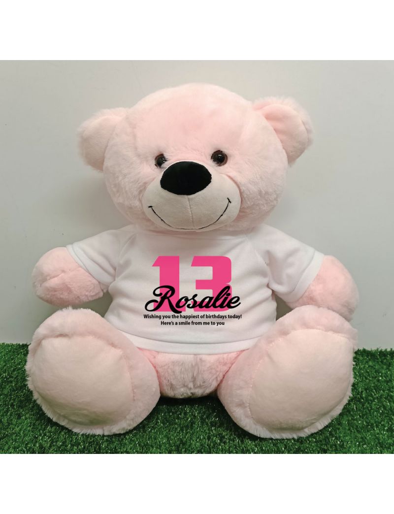 13th Birthday Personalised Bear with T-Shirt - Light Pink 40cm