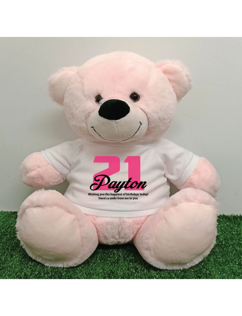21st Birthday Personalised Bear with T-Shirt - Light Pink 40cm