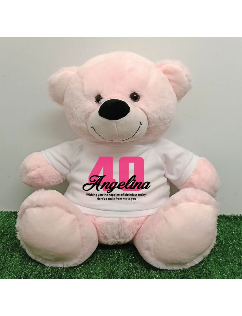 40th Birthday Personalised Bear with T-Shirt - Light Pink 40cm