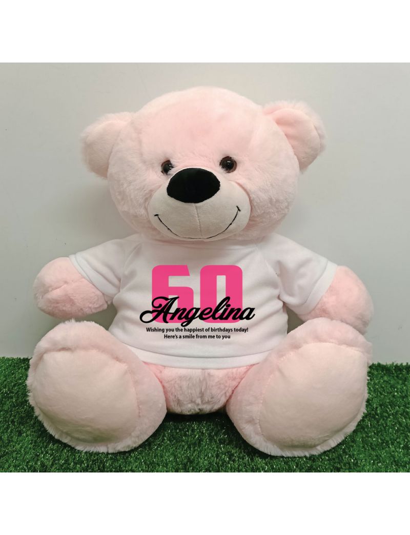 60th Birthday Personalised Bear with T-Shirt - Light Pink 40cm