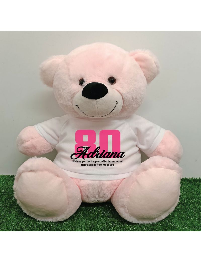 80th Birthday Personalised Bear with T-Shirt - Light Pink 40cm
