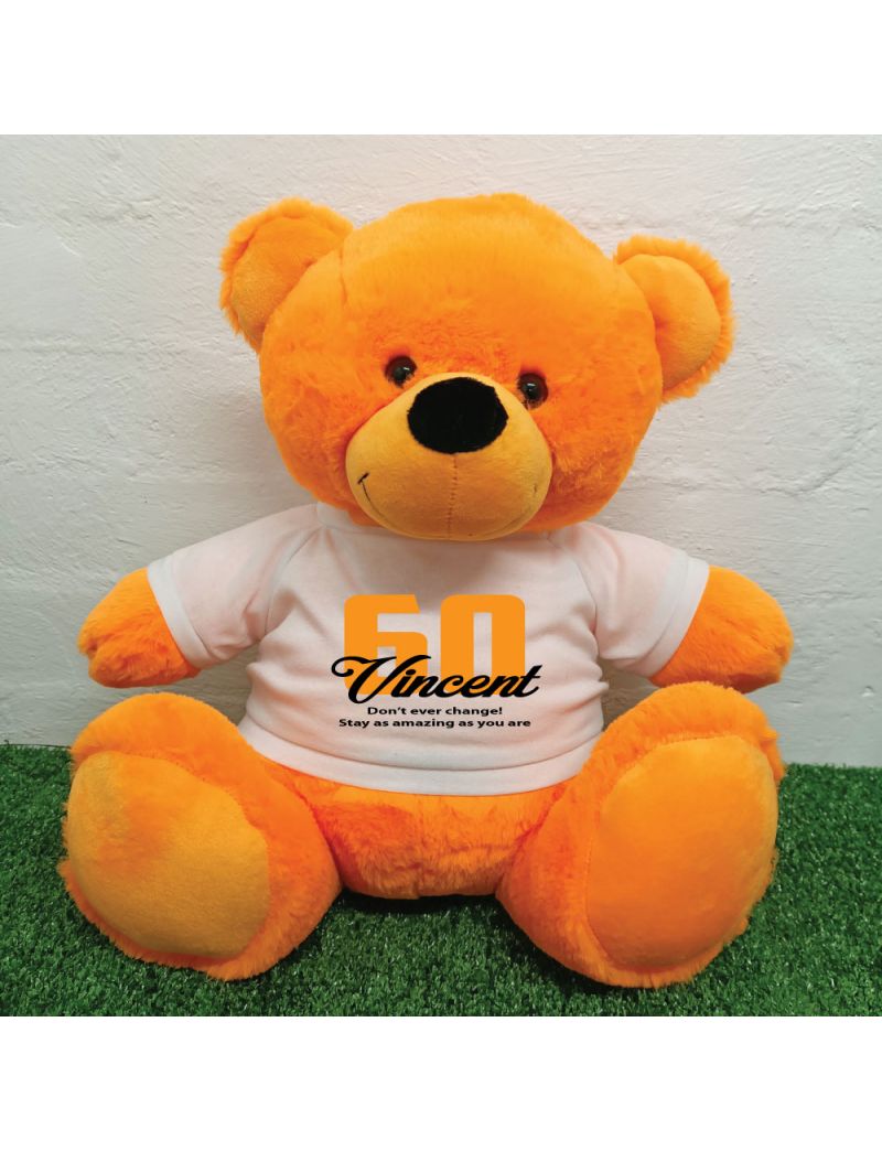60th Birthday Personalised Bear with T-Shirt - Orange 40cm