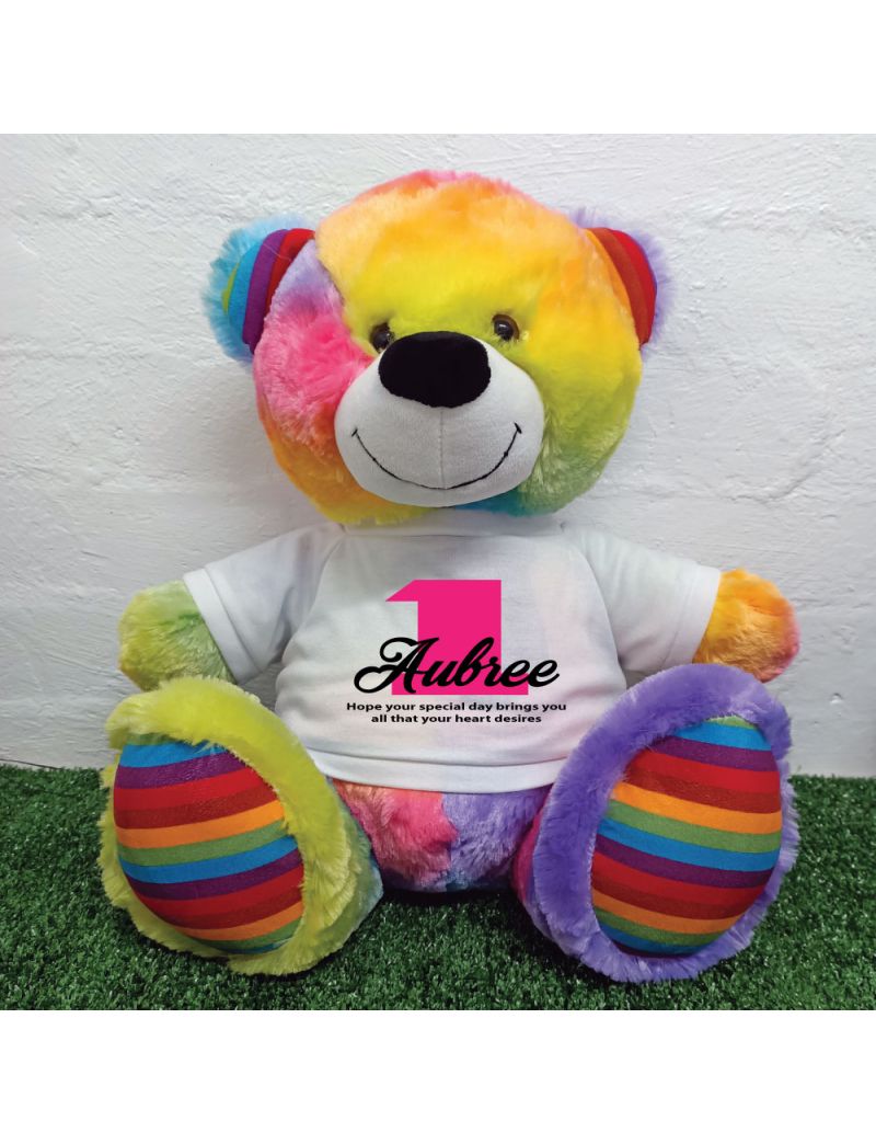 1st Birthday Personalised Bear with T-Shirt - Rainbow  40cm