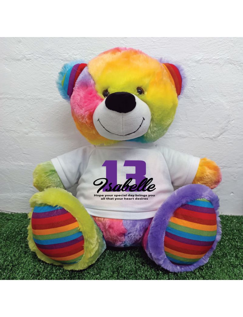 13th Birthday Personalised Bear with T-Shirt - Rainbow  40cm