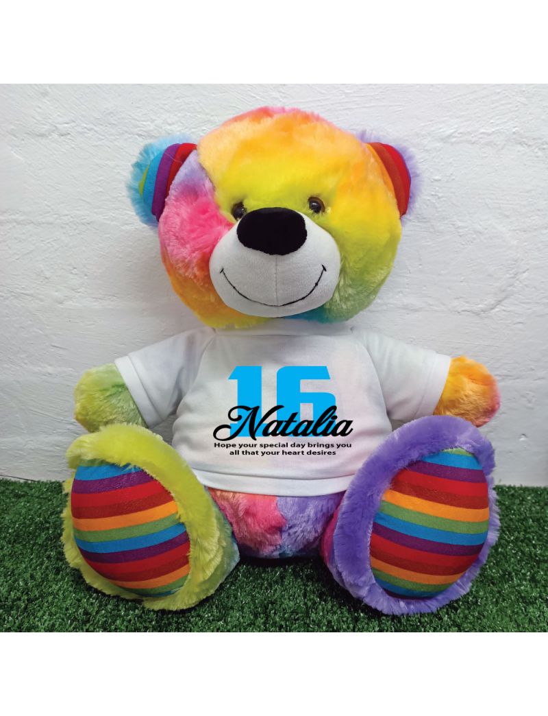 16th Birthday Personalised Bear with T-Shirt - Rainbow  40cm