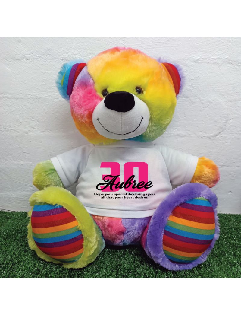 30th Birthday Personalised Bear with T-Shirt - Rainbow  40cm