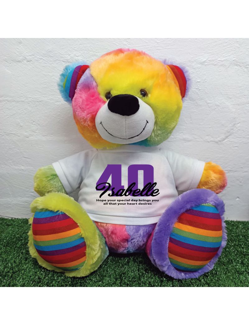 40th Birthday Personalised Bear with T-Shirt - Rainbow  40cm