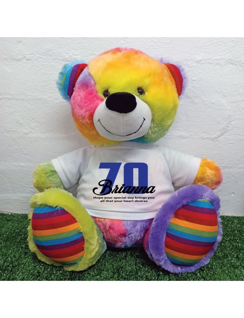 70th Birthday Personalised Bear with T-Shirt - Rainbow  40cm