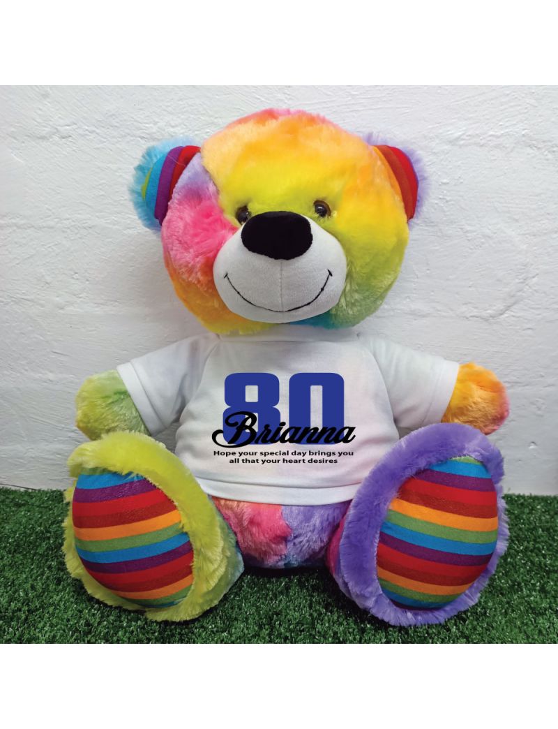 80th Birthday Personalised Bear with T-Shirt - Rainbow  40cm