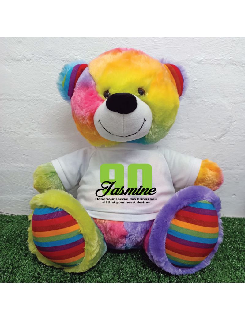 90th Birthday Personalised Bear with T-Shirt - Rainbow  40cm