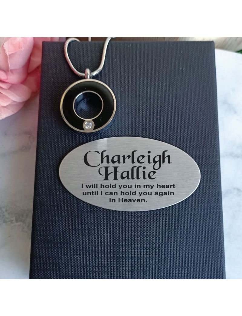 Black Circle Memorial Urn Cremation Ash Necklace in Personalised Box