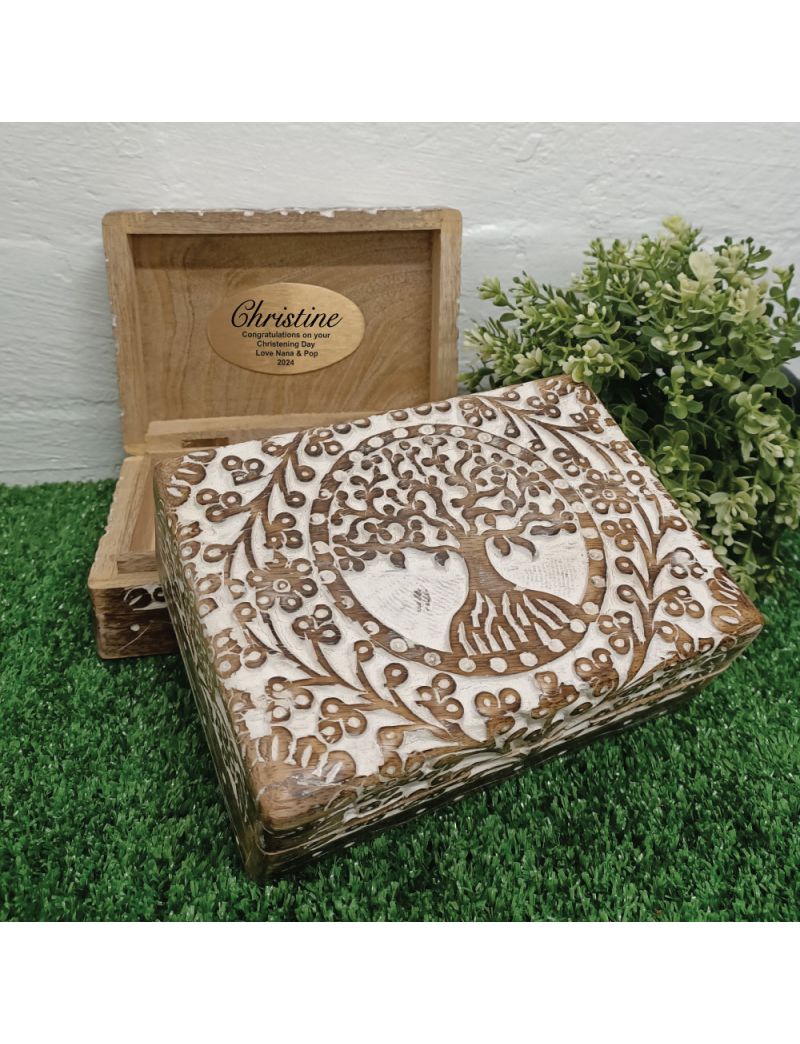 Christening Tree Of Life Boho Carved Wooden Box