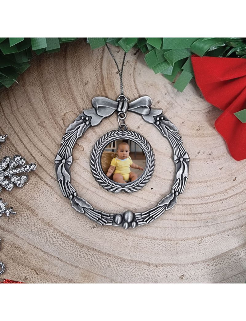 1st Christmas Photo Ornament Silver Wreath