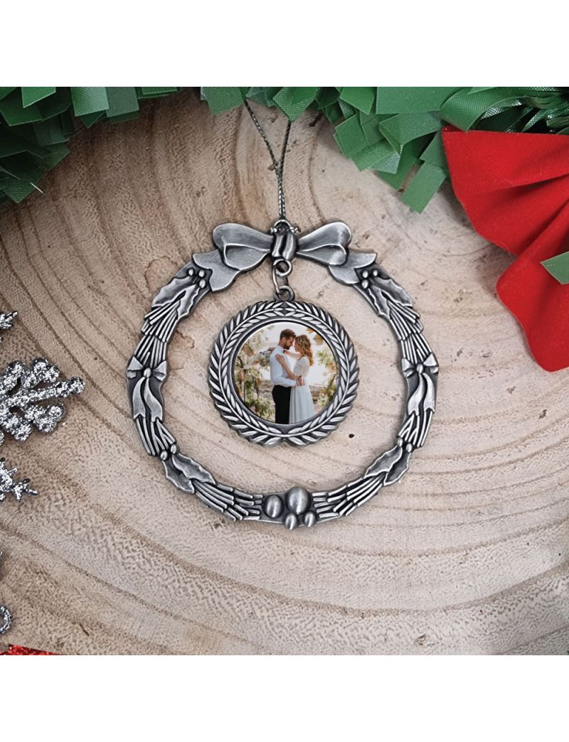 First Christmas Together Photo Ornament Silver Wreath