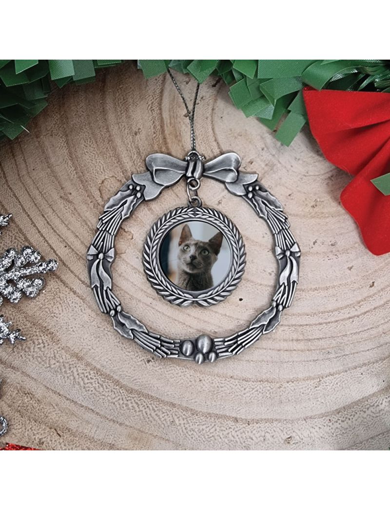 Pet Christmas Photo Ornament Silver Wreath