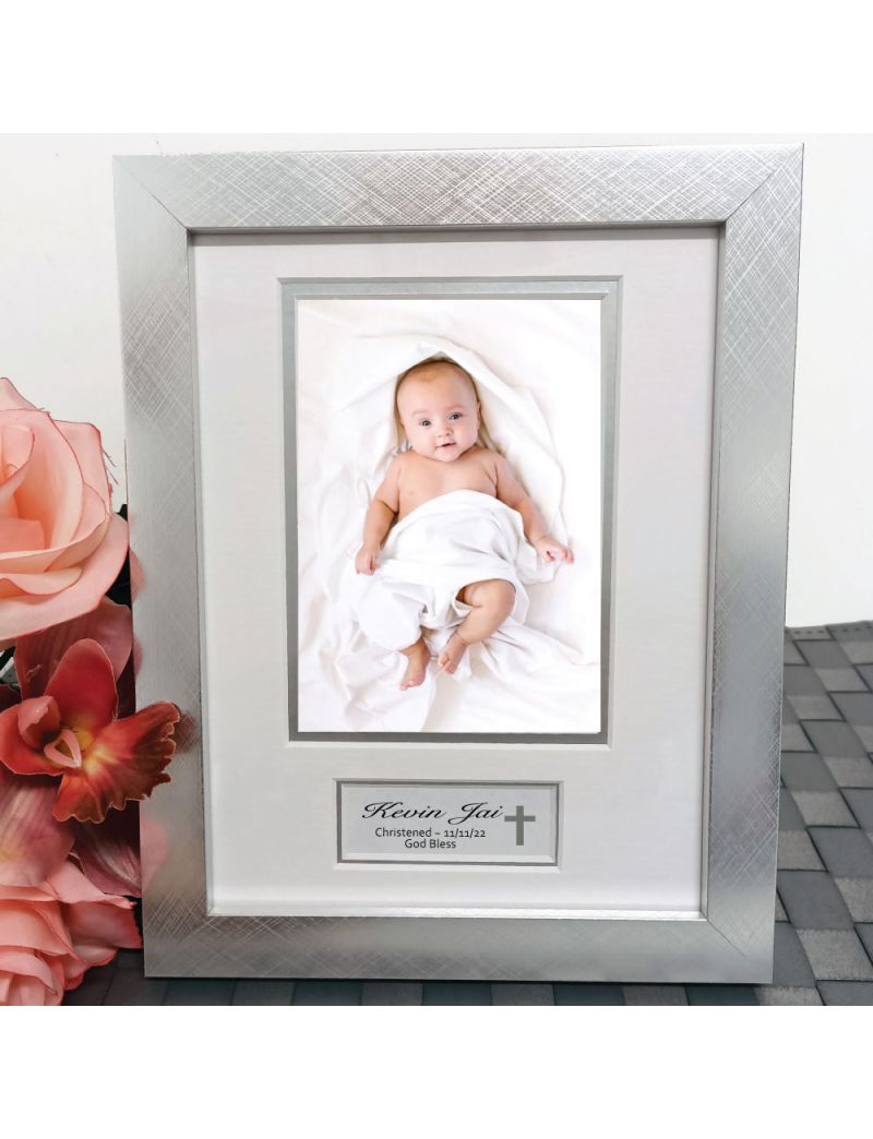 Christening Photo Frame Silver Wood 4x6 Photo