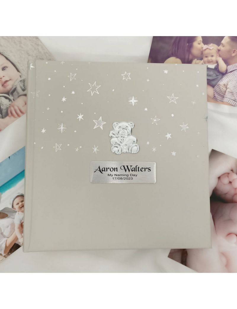 Personalised Naming Day Photo Album 200  - Silver Teddy