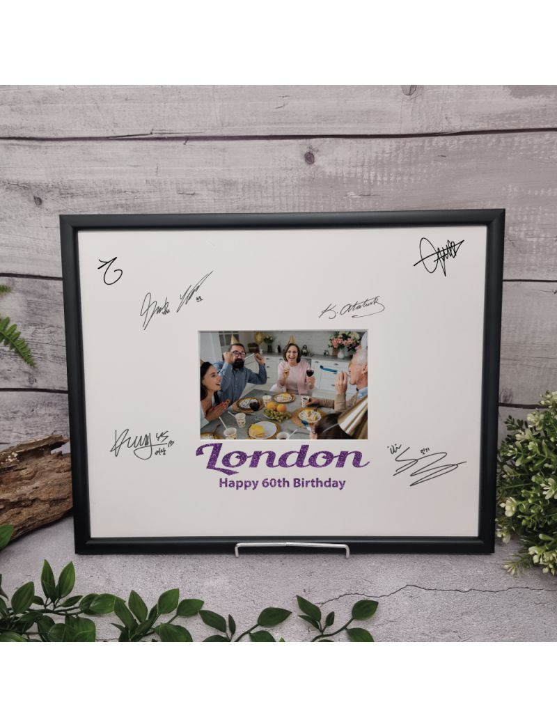 60th Birthday Signature Frame Black Glitter 4x6 Photo