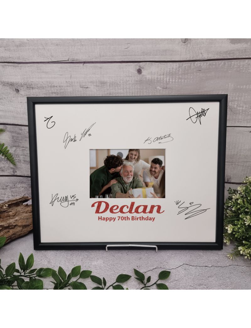 70th Birthday Signature Frame Black Glitter 4x6 Photo