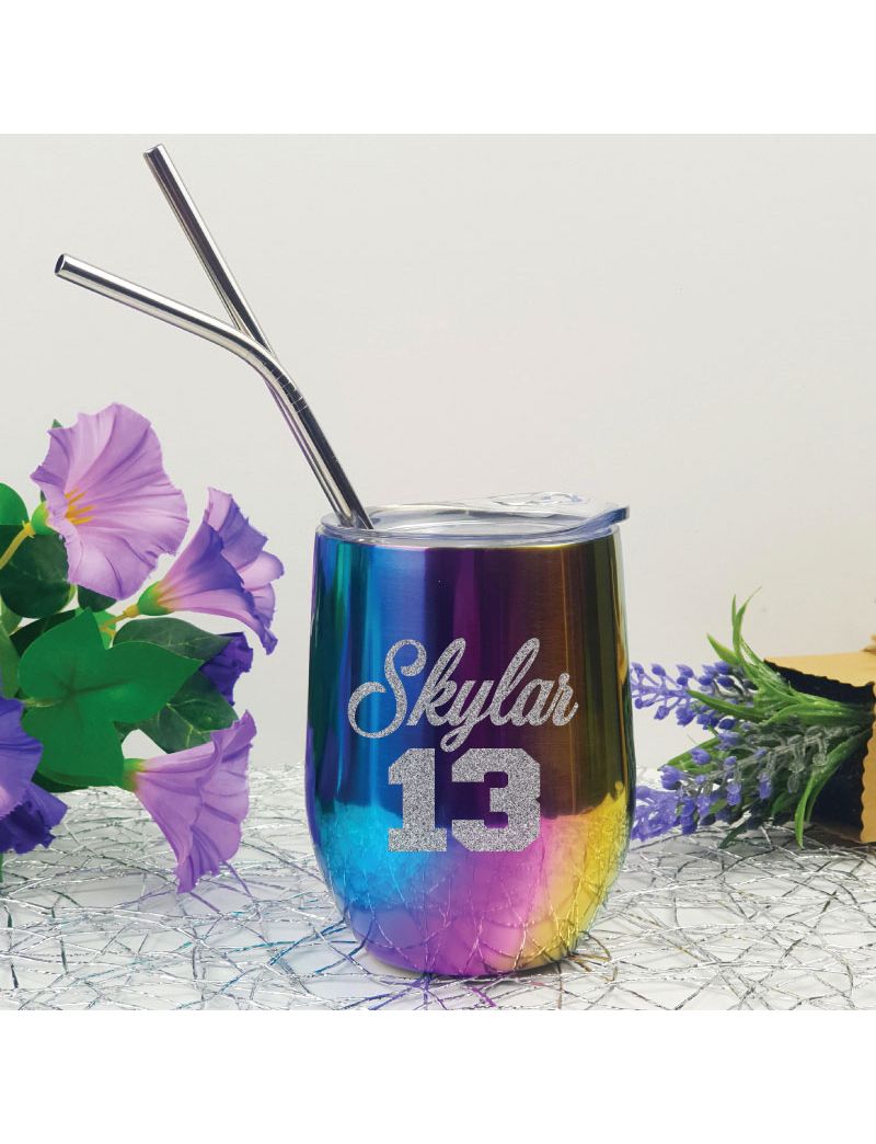13th Birthday Rainbow Tumbler Stemless Wine Glass