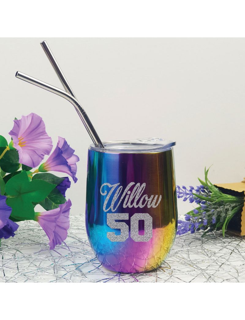 50th Birthday Rainbow Tumbler Stemless Wine Glass