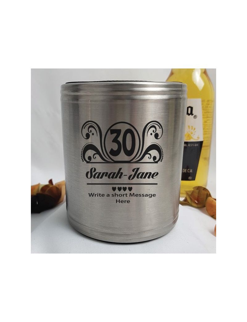 30th Birthday Engraved Silver Stubby Can Cooler Personalised