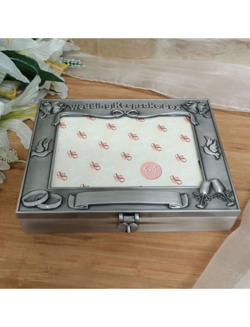 Pewter Wedding Keepsake Box with Photo Lid