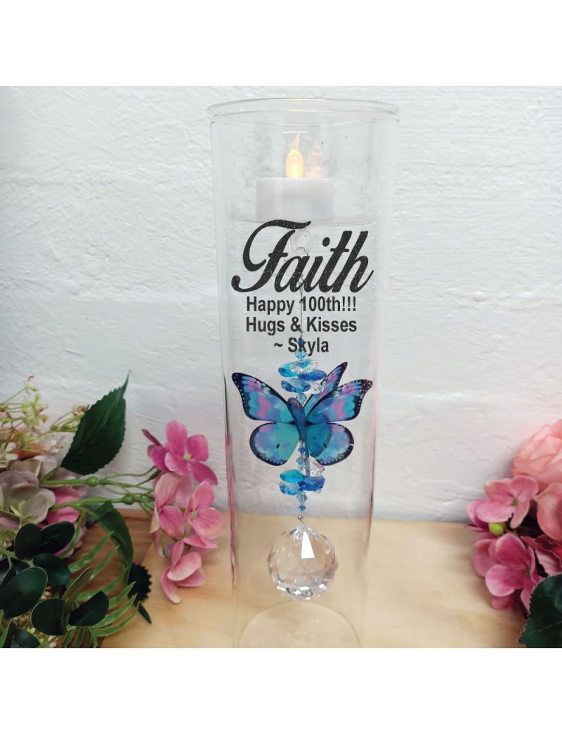100th Birthday Glass Candle Holder Blue Butterfly