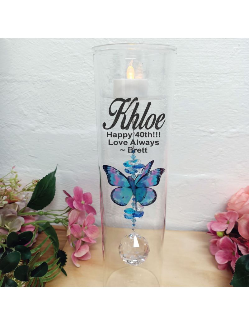 40th Birthday Glass Candle Holder Blue Butterfly